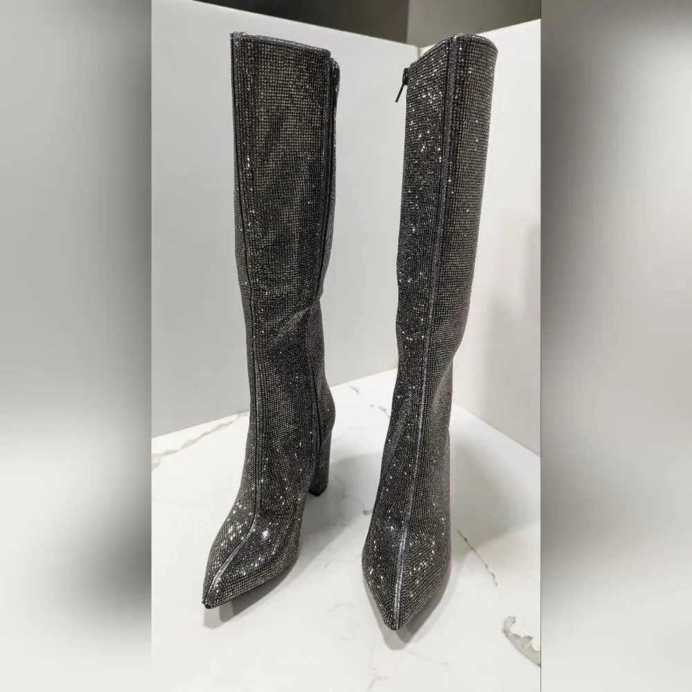 New INC Tall Sparke Knee High Boots Block Heel Pewter Crystal Sz 5 Taylor Swift